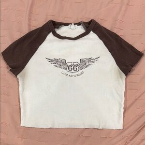 Brown and White Short Sleeve Raglan Tee with Graphic Design